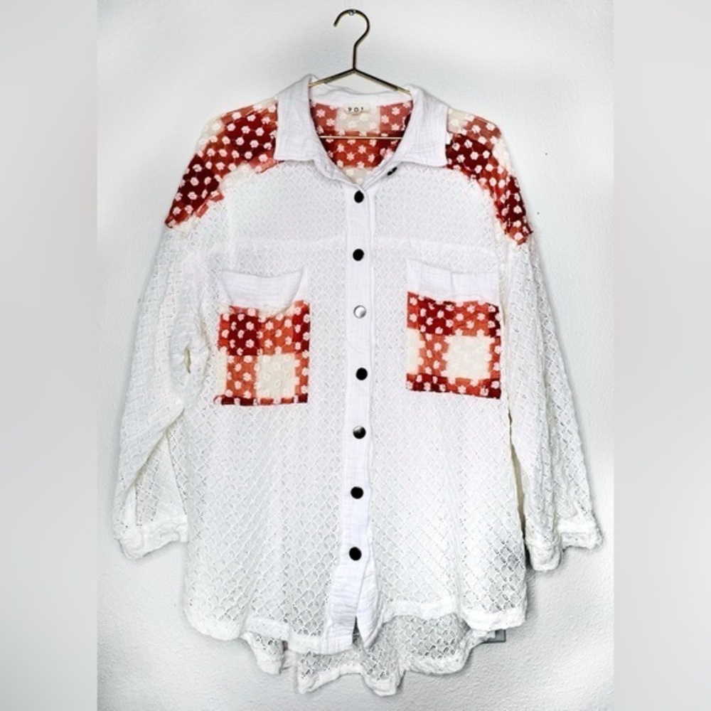 POL Blouse Quilted Floral Patch eyelet cream Button up Oversized top Cottagecore